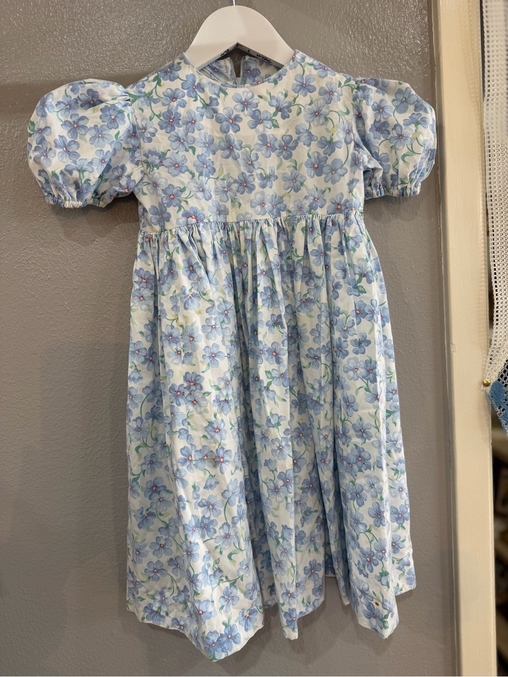 Girls Blue Floral Puff-Sleeve Dress